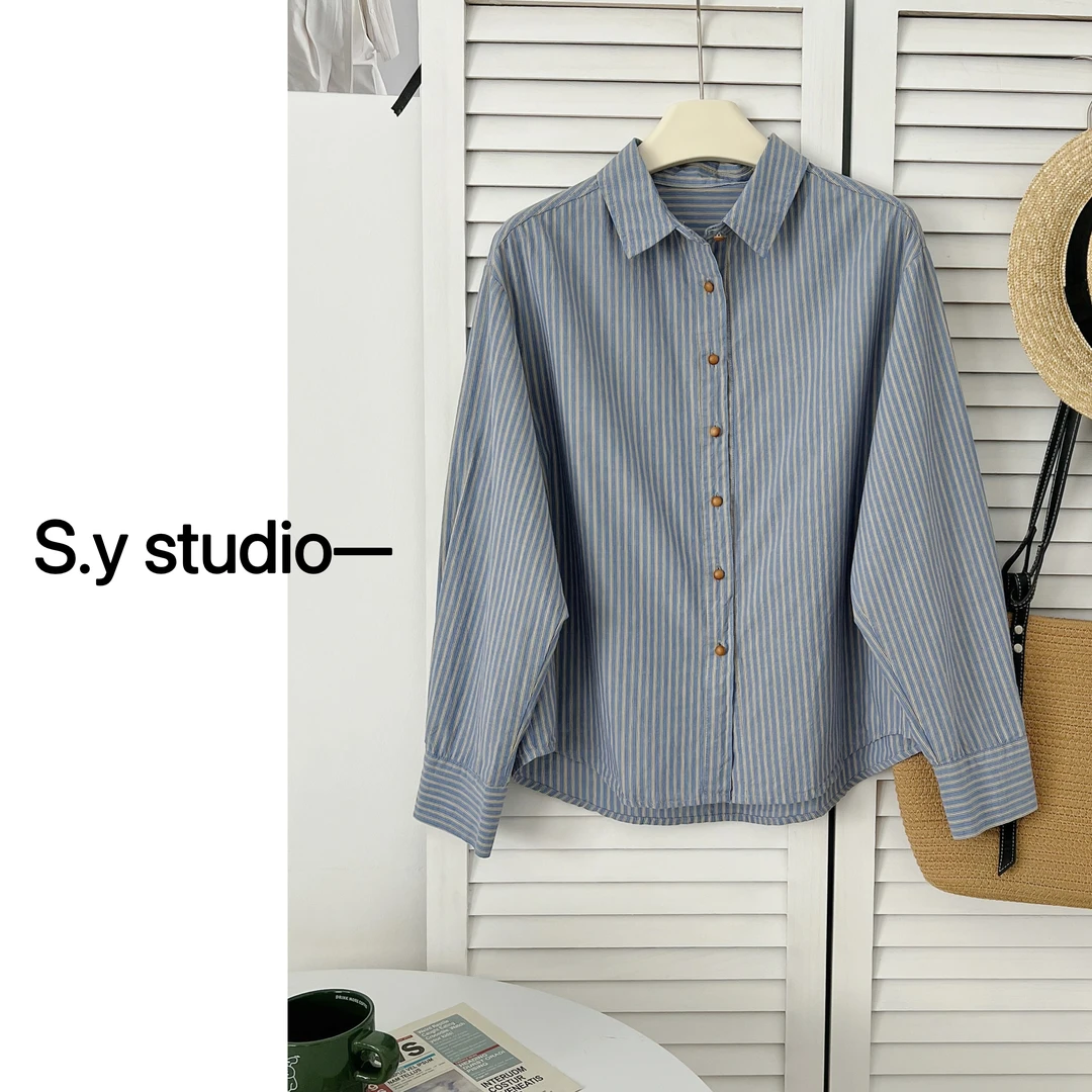 颖小颖 韩系休闲高级感翻领竖条纹长袖衬衫
