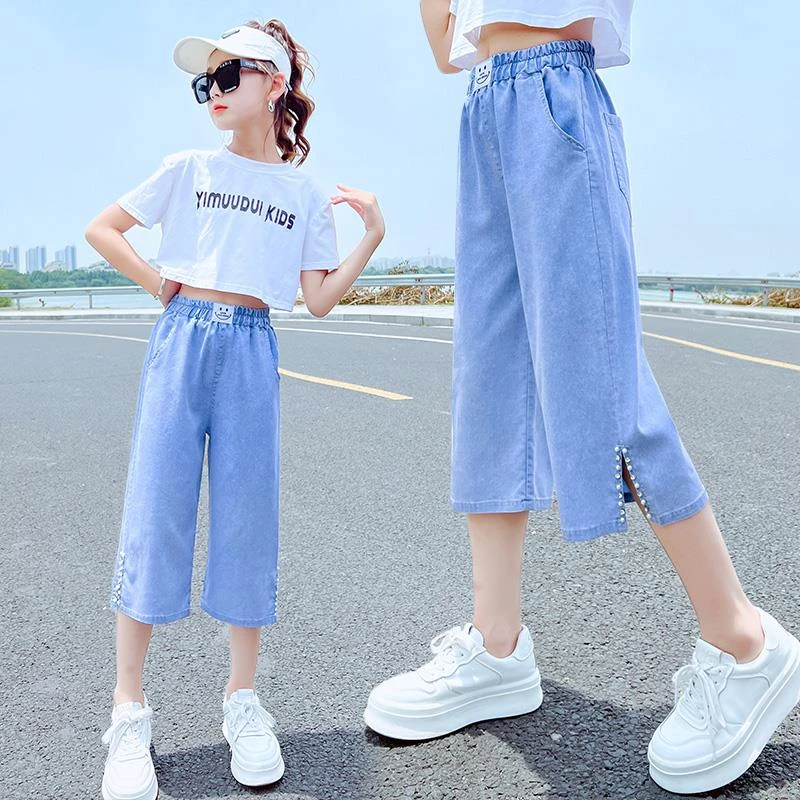 FAVMARTHA女童天丝牛仔七分裤2025儿童裤子夏季薄款短裤冰丝洋气