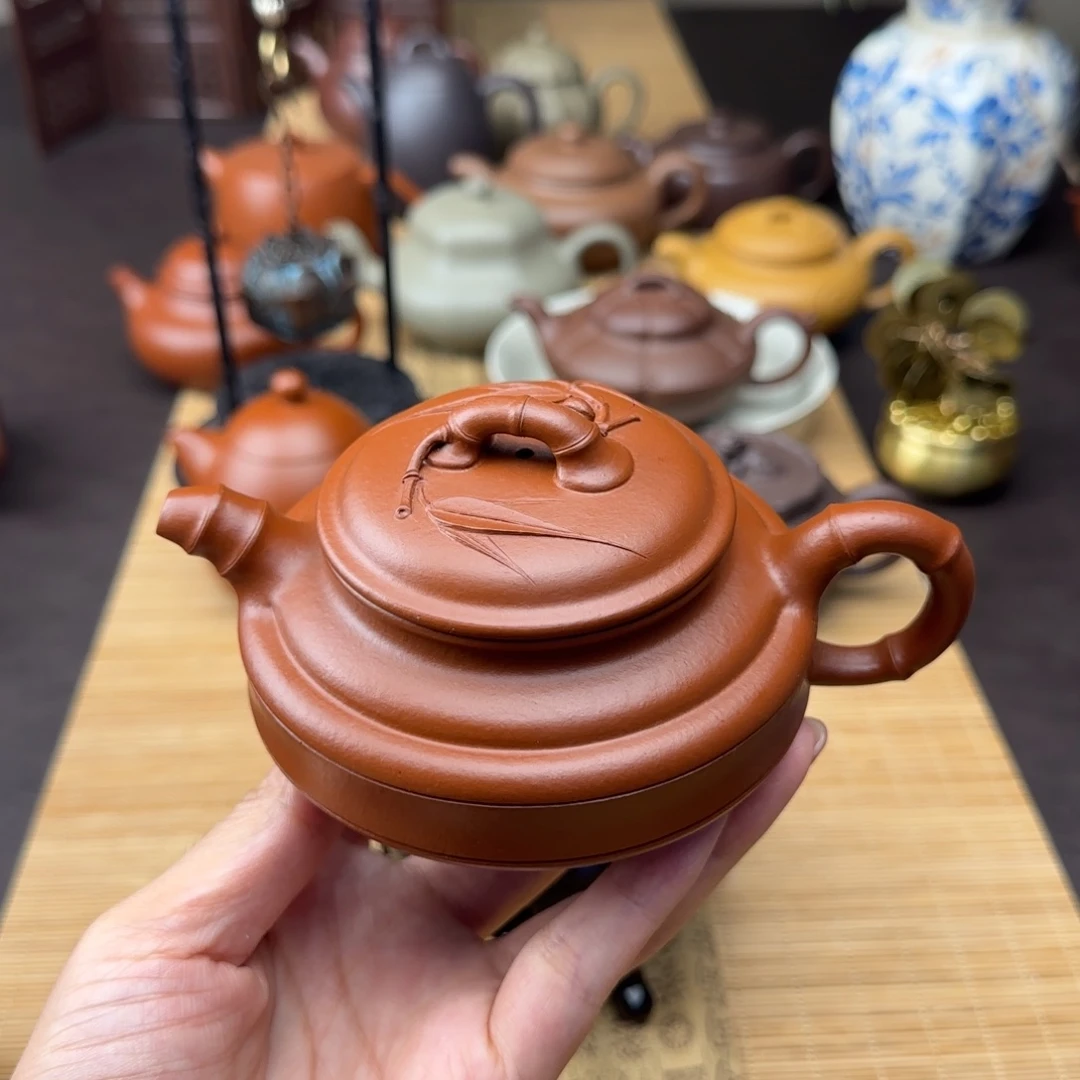 茶壶紫砂朱泥双线竹鼓200cc