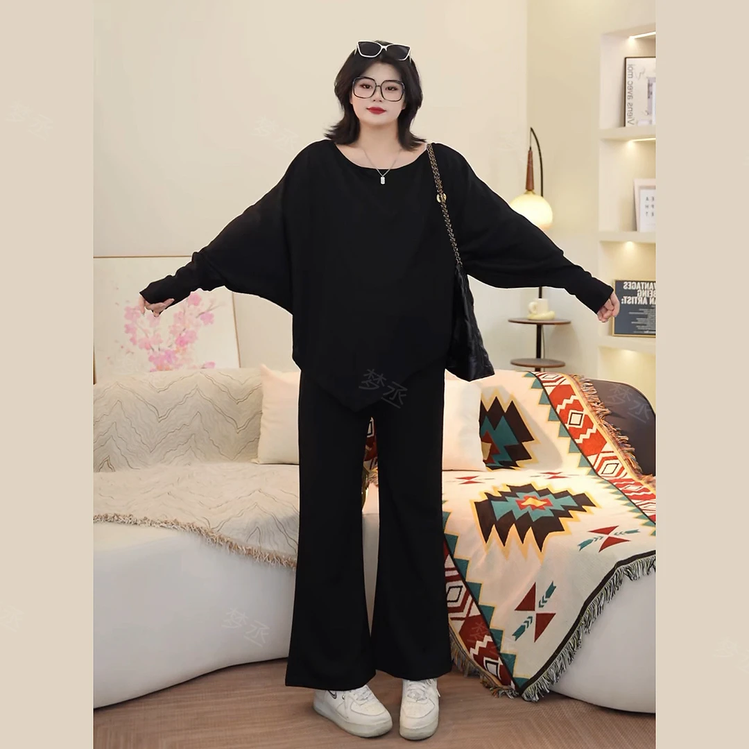 梦丞-慵懒风斜肩大码女装蝙蝠袖宽松冬季百搭显瘦长袖针织衫上衣