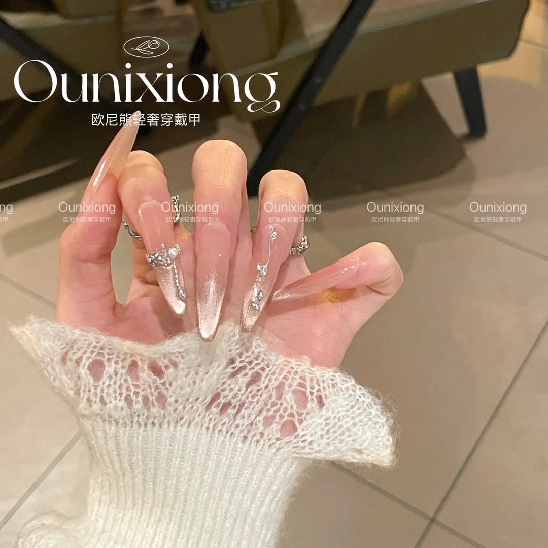 极光纯欲裸色纯手工光疗美甲贴果冻贴片指甲穿戴甲美白简约梯形