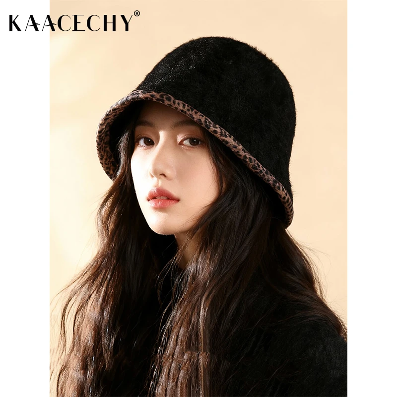 时尚豹纹边水桶帽子女2025新款爆款洋气毛绒开叉保暖防风渔夫帽