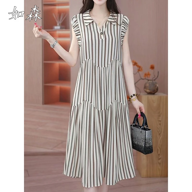 轻奢时尚薄款简约百搭条纹连衣裙新款温柔减龄宽松休闲遮肚裙子女