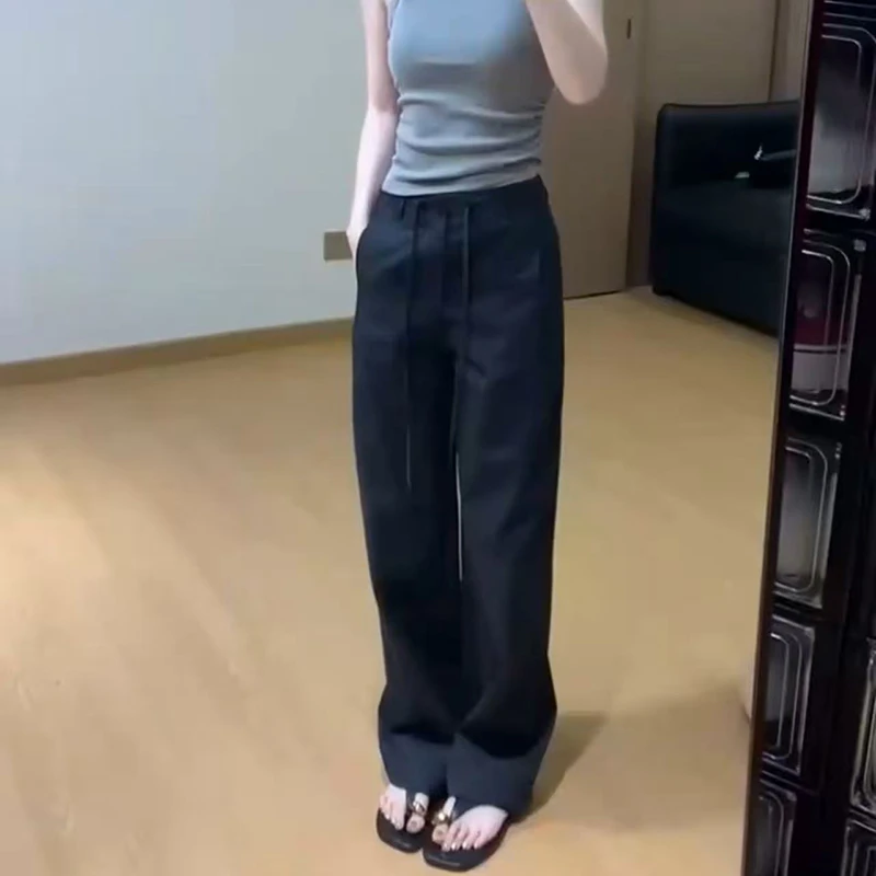 窄版直筒休闲裤女2025秋季新款大码洋气百搭显瘦抽绳阔腿拖地裤子
