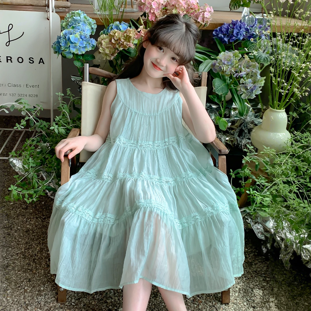 女童夏款连衣裙2025夏季新款温柔气质薄荷曼波无袖公主裙Q13451