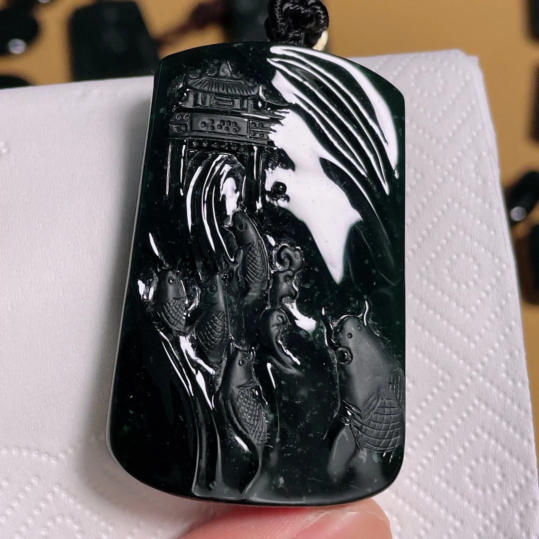 天然翡翠a货 墨翠年年有余 鲤鱼跃龙门