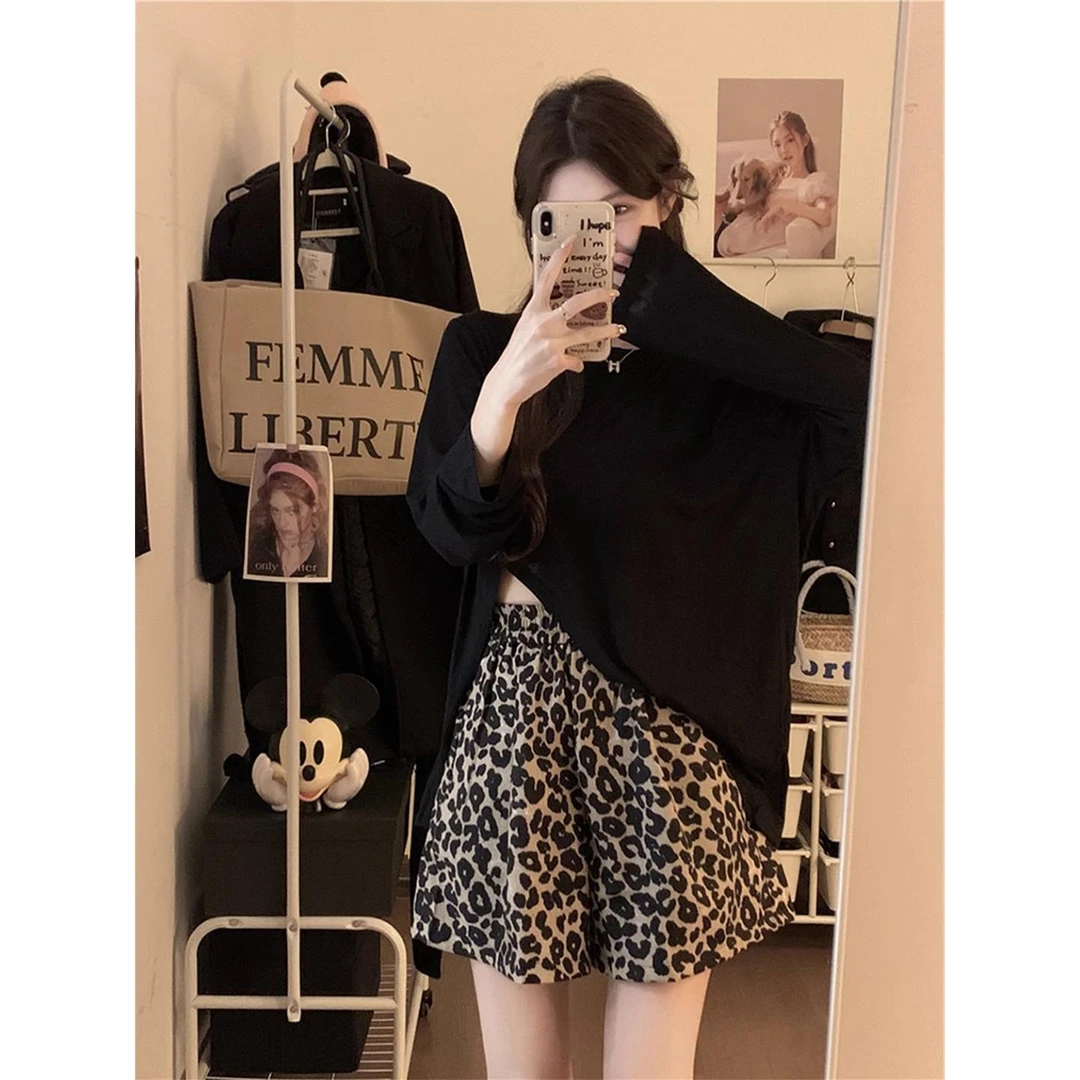 胖MM大码松紧腰豹纹休闲短裤女夏季高腰宽松显瘦洋气a字阔腿短裤