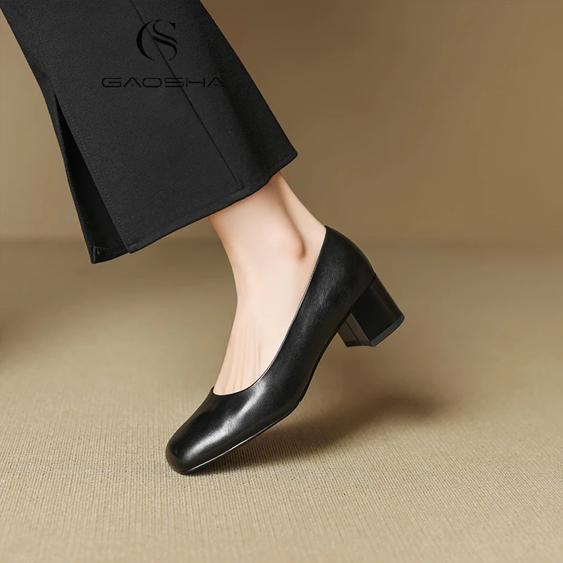 【4.5CM】牛皮春秋舒适百搭软底浅口法式轻奢经典款真皮方头单鞋