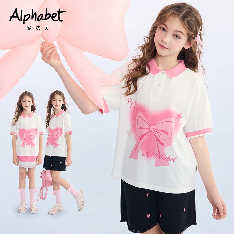 2025新款爱法贝夏季蝴蝶结女卡通动漫上衣夏装宽松t恤印花女童