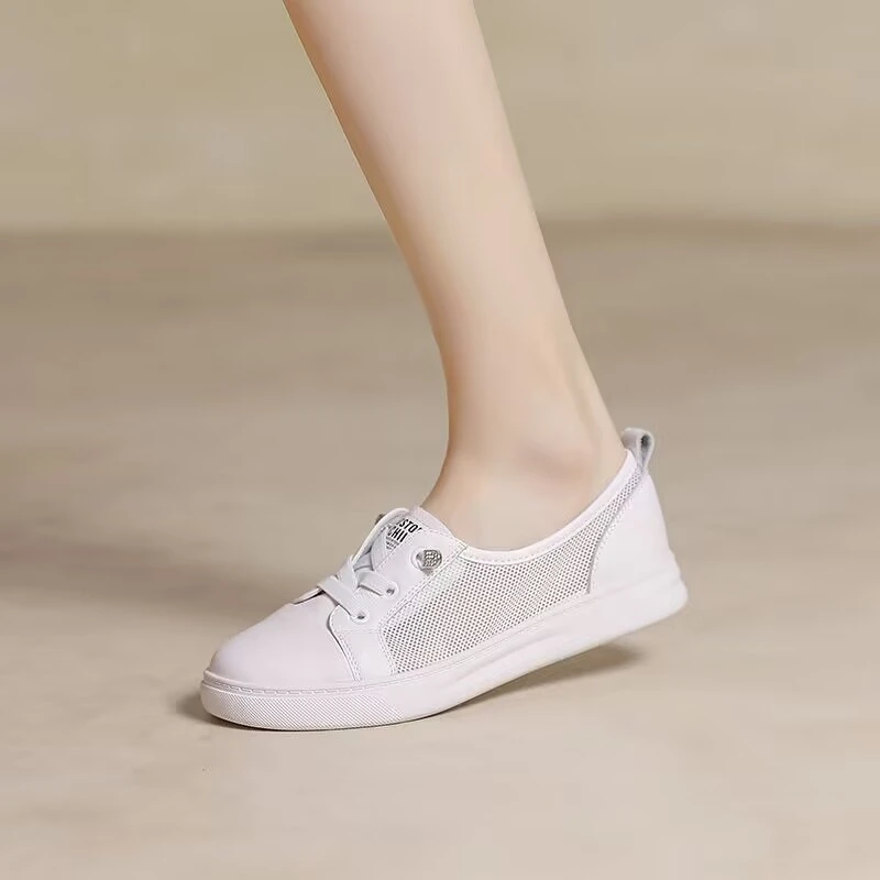 真皮头层牛皮网鞋网面平底凉鞋一脚蹬休闲鞋夏季透气女鞋软底软面