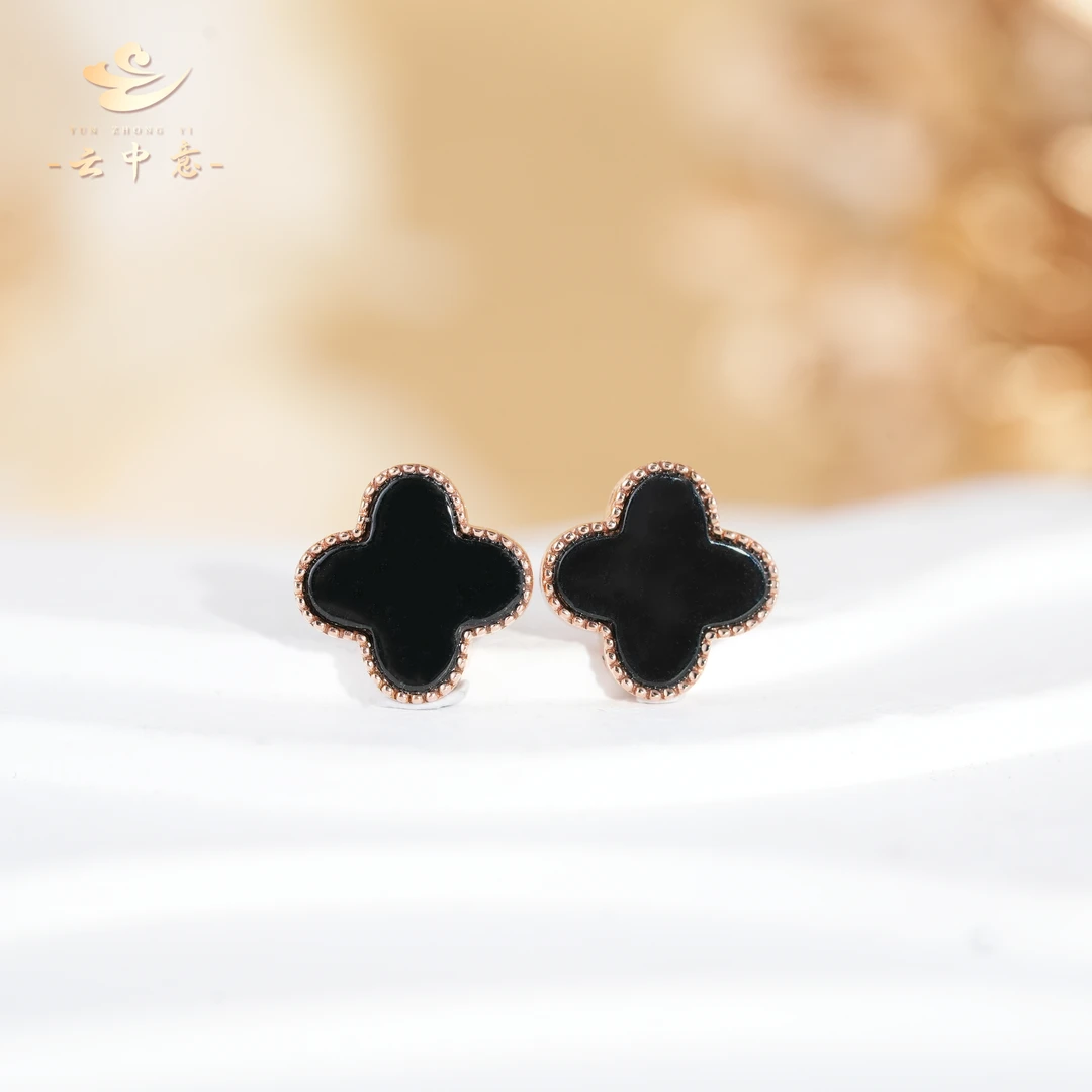 【云中意】18K金 墨翠四叶草耳饰 K玫 - 多样性发货一对 TH03