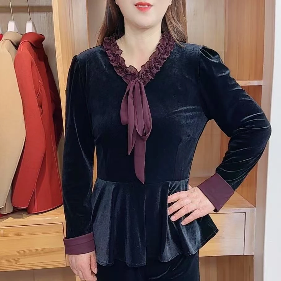 新款春季金丝绒拼接收腰减龄打底百搭显瘦长袖洋气小衫