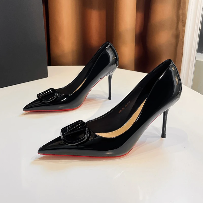 【DR设计师联名】御姐风黑色红底高跟鞋女漆皮细跟浅口单鞋2025年