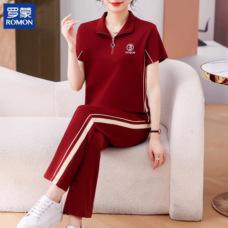 罗蒙洋气夏装妈妈50-60岁高档套装中老年女休闲透气跑步服两件套