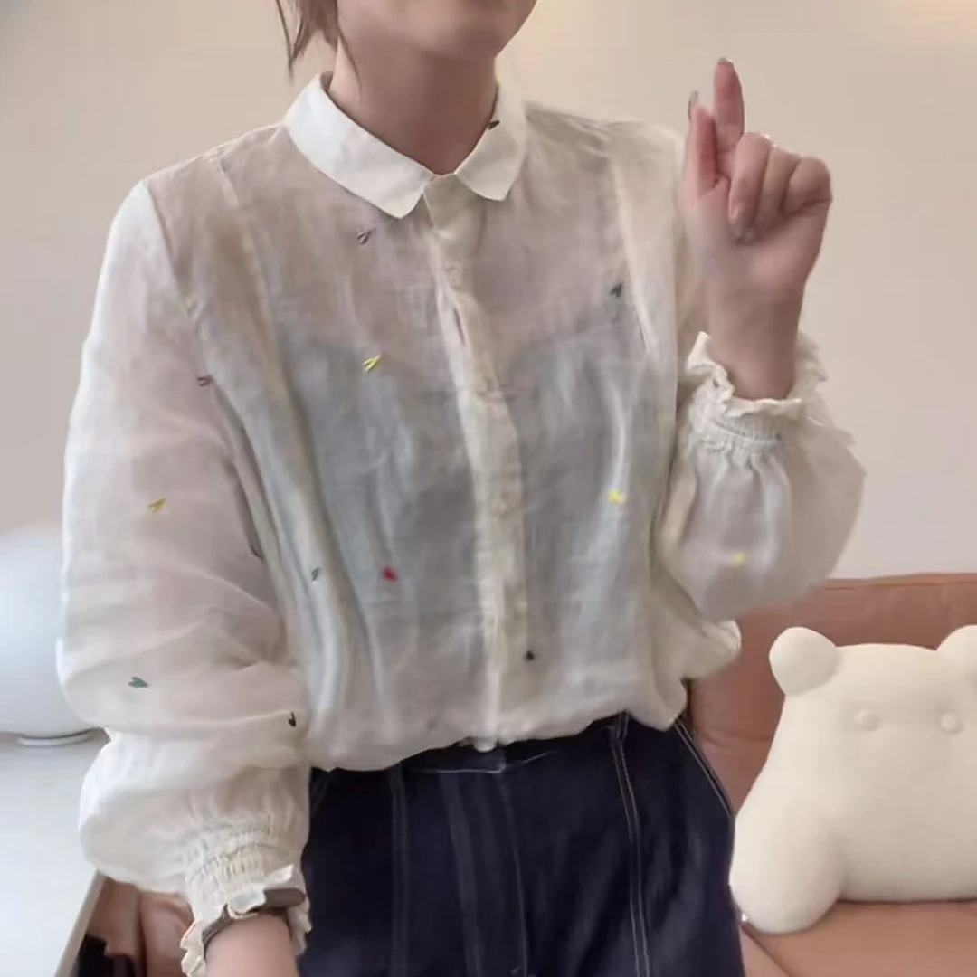 韩系小领爱心刺绣夏款仙女风休闲甜美衬衣女2025新款设计感长袖
