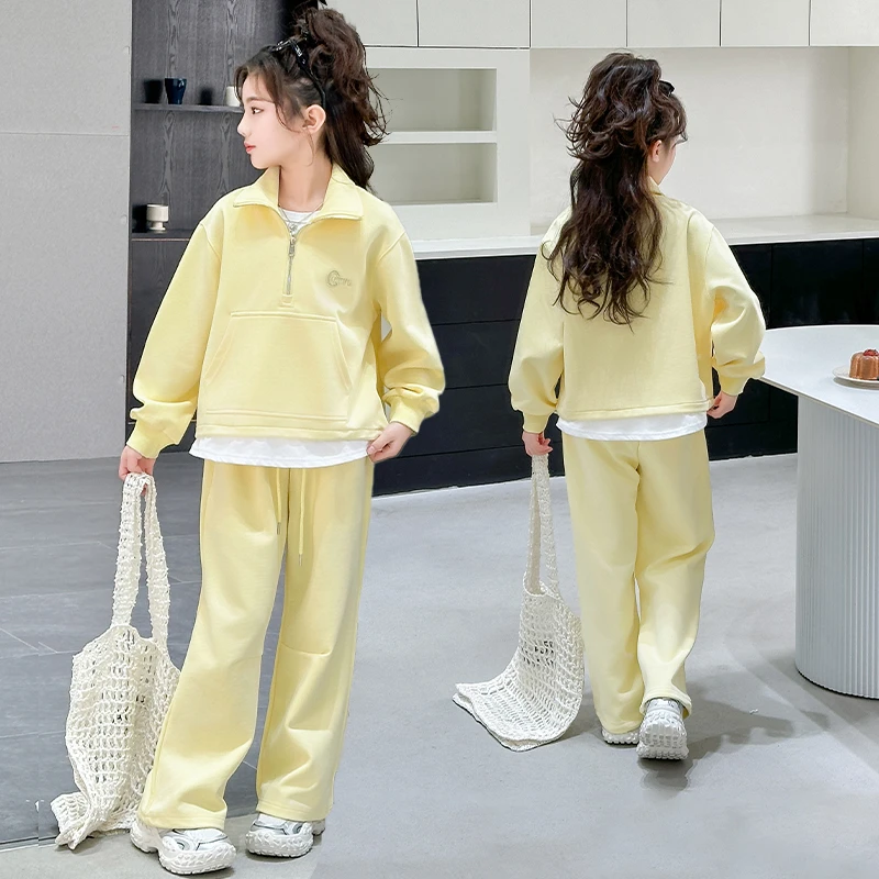 女童套装2025春秋季假两件刺绣连帽套装新款初中生阔腿裤两件套潮