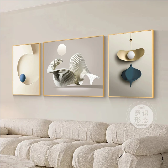 现代简约沙发背景墙装饰画贝壳风铃三联挂画奶油风客厅墙面壁画