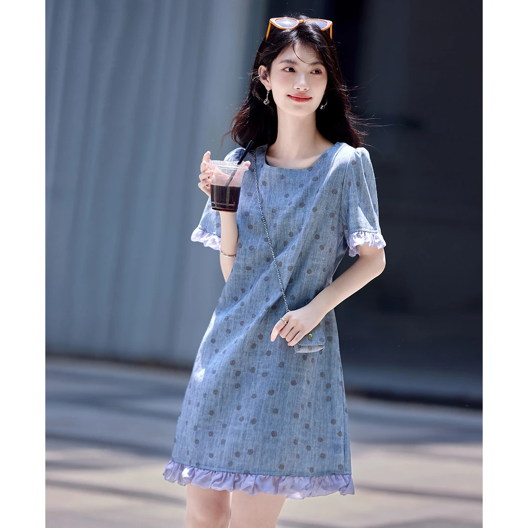 尚静木耳花边拼接波点连衣裙2025夏季新款高腰中裙遮肉显瘦直筒裙