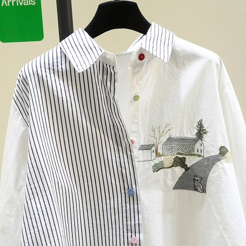 文艺刺绣条纹衬衫垂感长袖衬衣设计感休闲复古时尚秋季衬衣