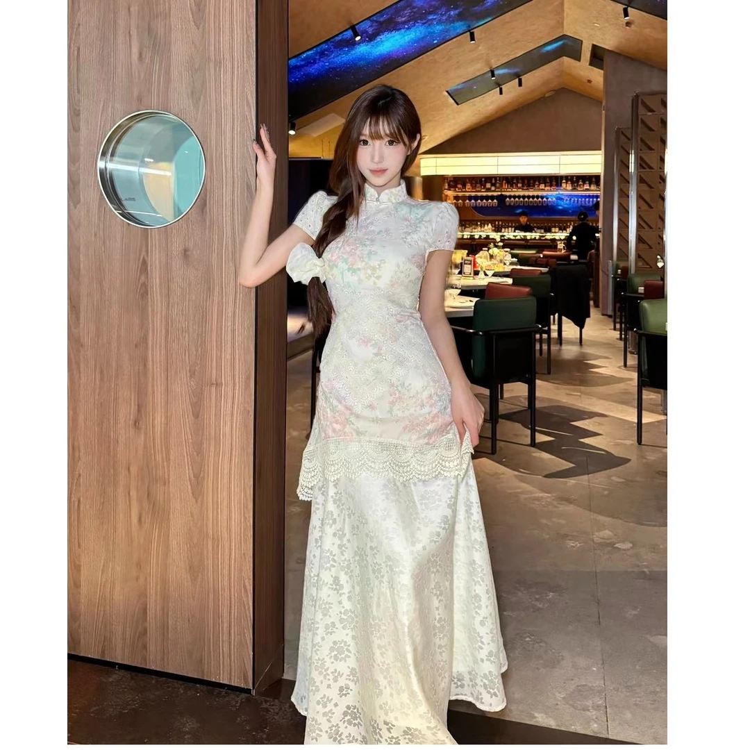 【C72】2025新中式假两件镂空碎花连衣裙女夏季蕾丝绝美日常旗袍