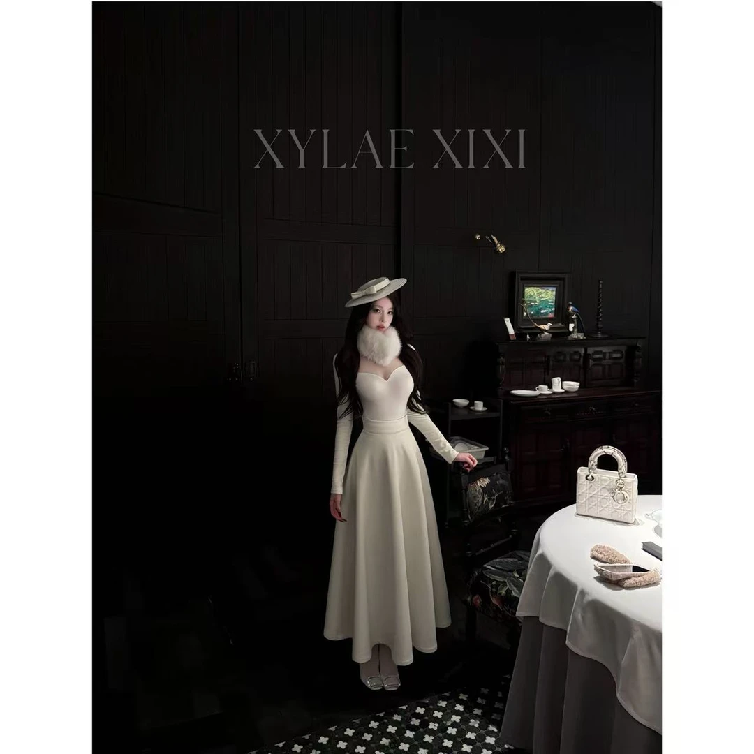 【茜茜定制】耀白千金 薄绒高弹上衣＋气质高腰呢子半裙套装X000148