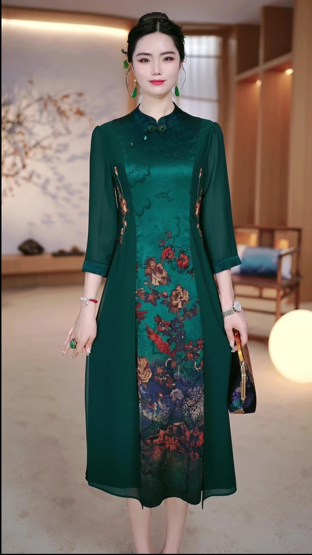 2025热卖新款妈妈装显瘦旗袍中长款妈妈装连衣裙ZRF-20230428