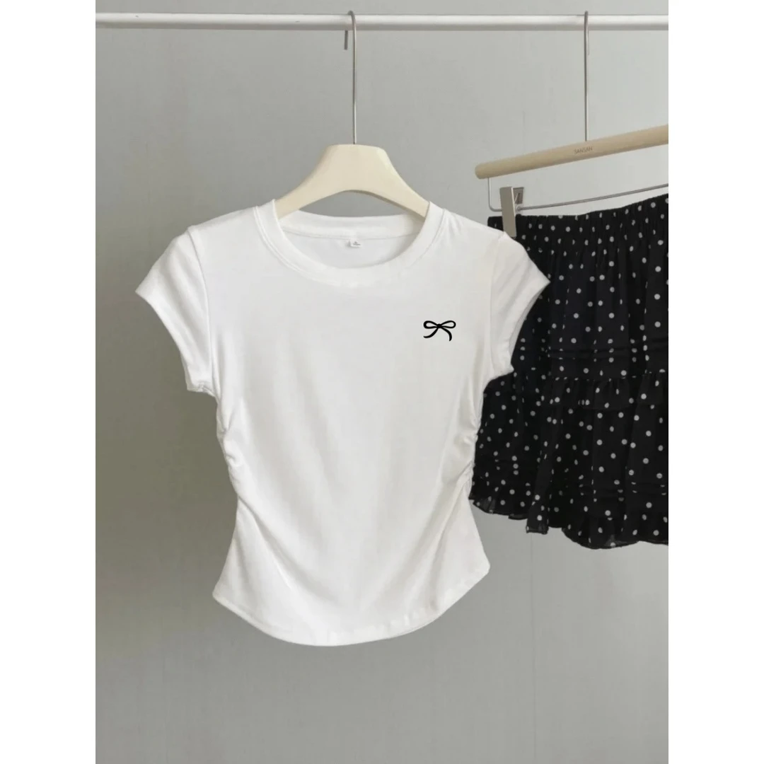 美式正肩圆领气质短袖棉T恤女夏季不规则下摆设计感修身内搭上衣