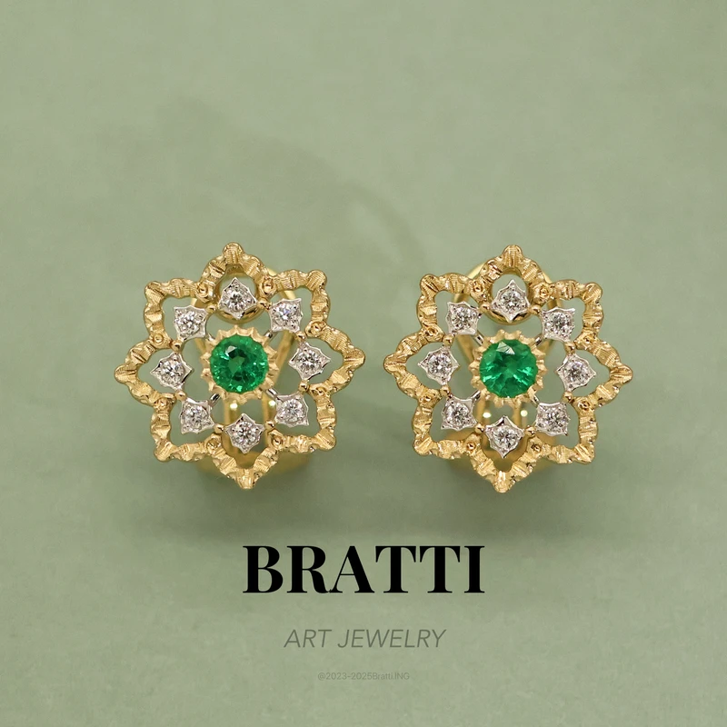 Bratti珠宝18K金“绝色玫瑰”祖母绿钻石耳饰-KE250601