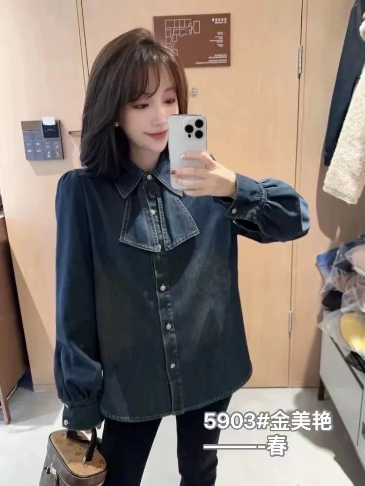 设计复古蝴蝶结牛仔衬衫2025新款气质春秋显瘦长袖上衣