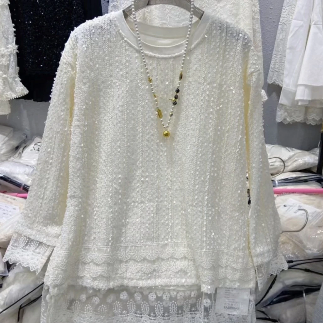 高级定制中长时尚简约蕾丝拼接长袖秋冬显瘦百搭打底T恤女上衣