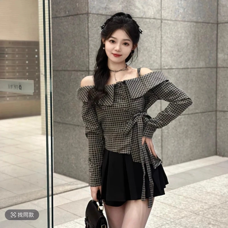 【1688人收藏】大码胖mm一字肩绑带蝴蝶结格纹长袖衬衫女春夏收腰