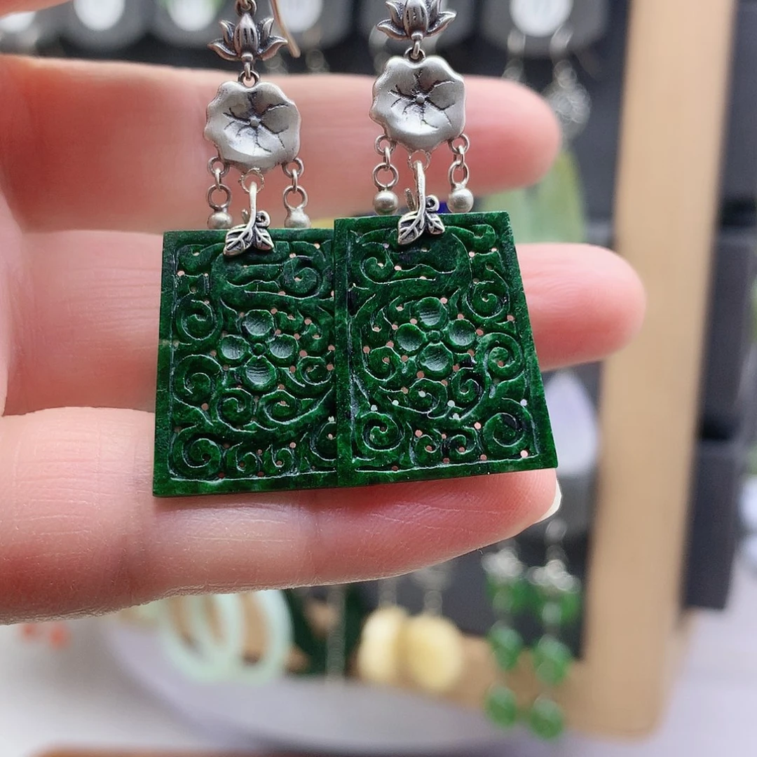 禅***慧翡翠银S925镶嵌耳饰