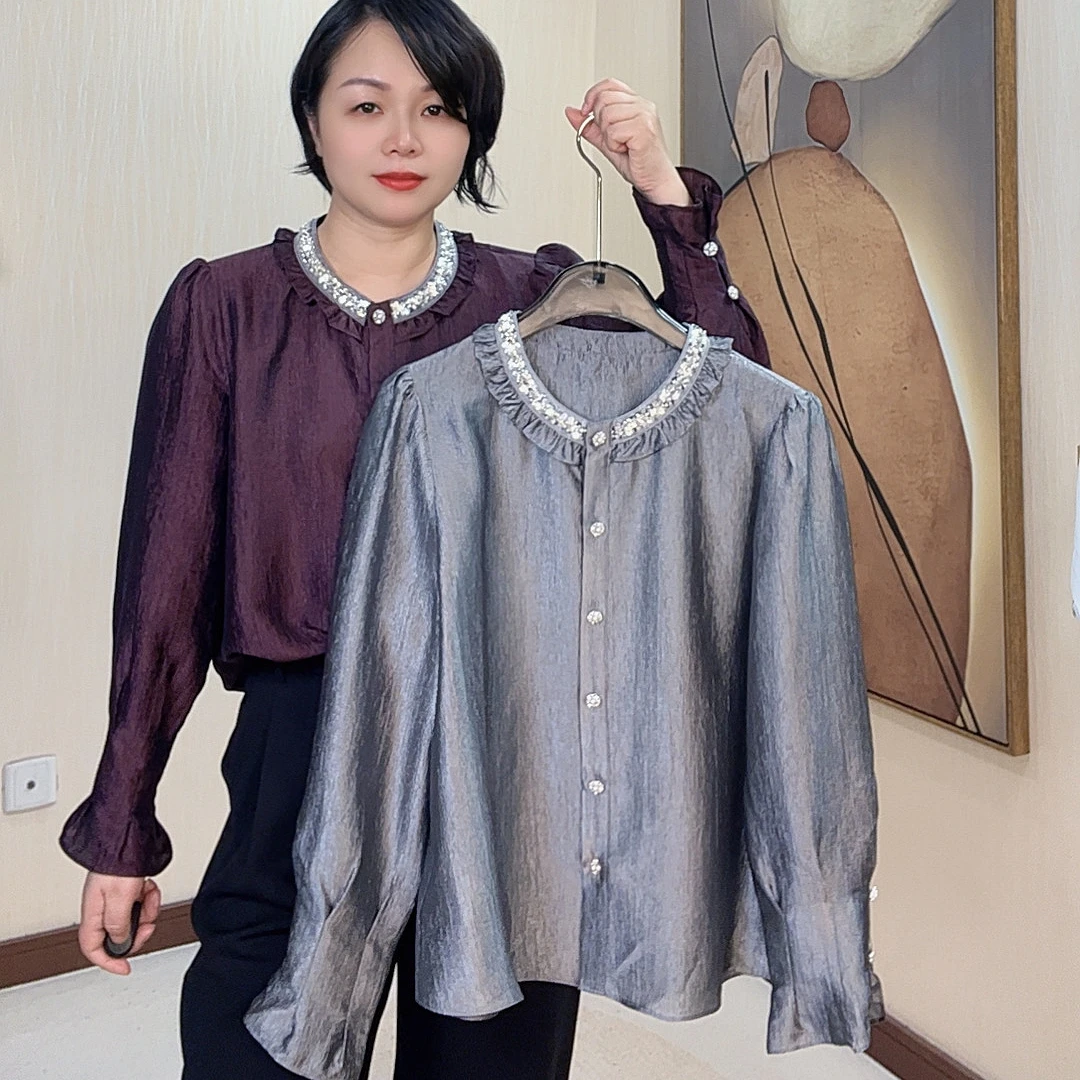 【嫩尼娅】轻奢鎏光醋酸亮片精致衬衫女小个子25早秋新款肌理感上衣