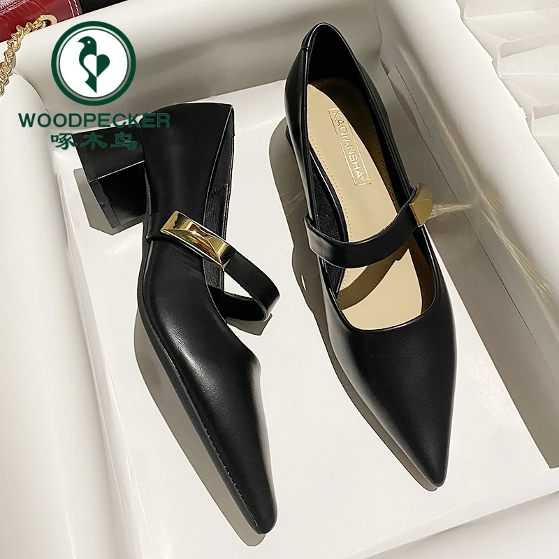 啄木鸟复古法式粗跟玛丽珍鞋女2025春夏新款气质尖头百搭浅口单鞋