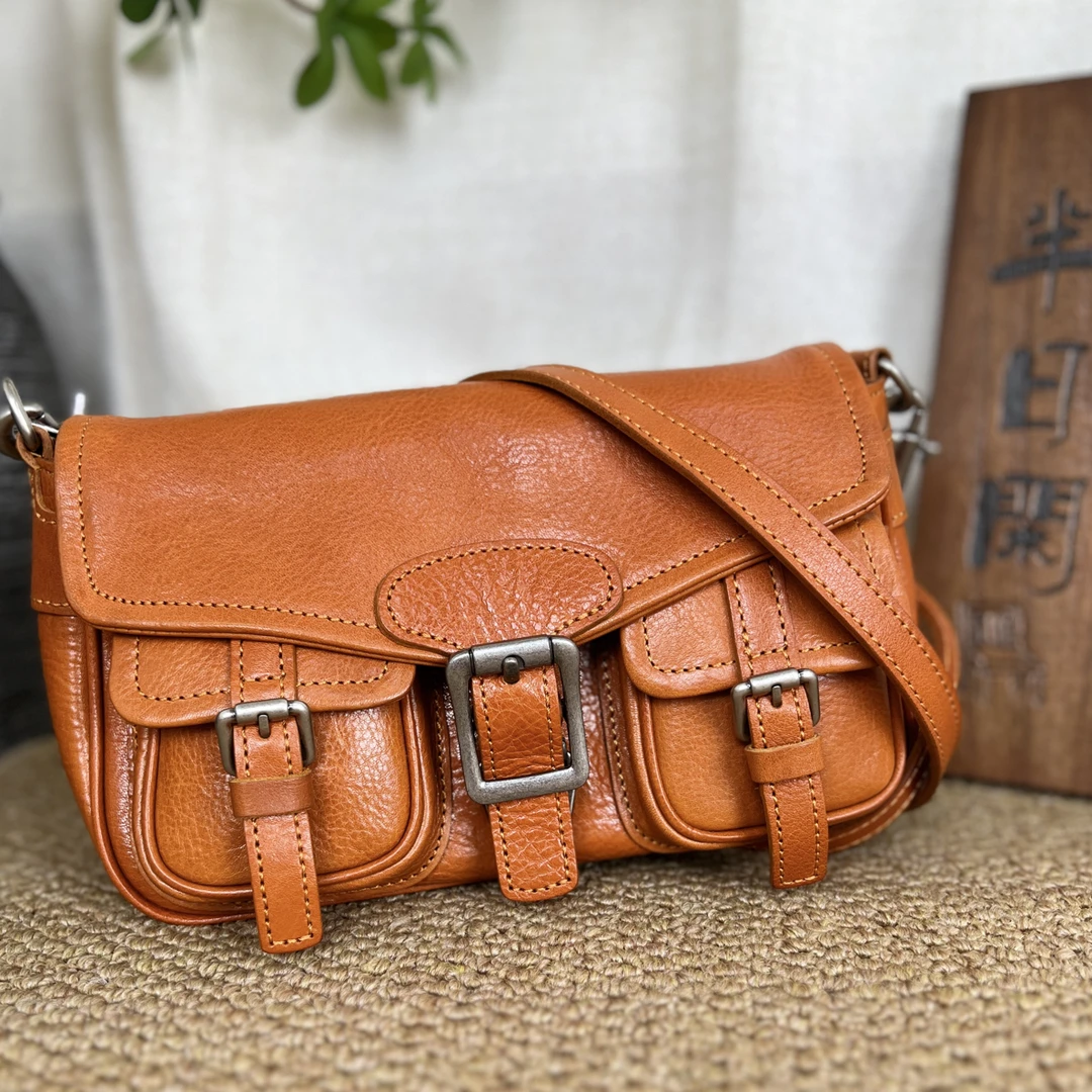 进口头层牛皮水洗复古风潮流休闲斜挎包纯色方形机车包