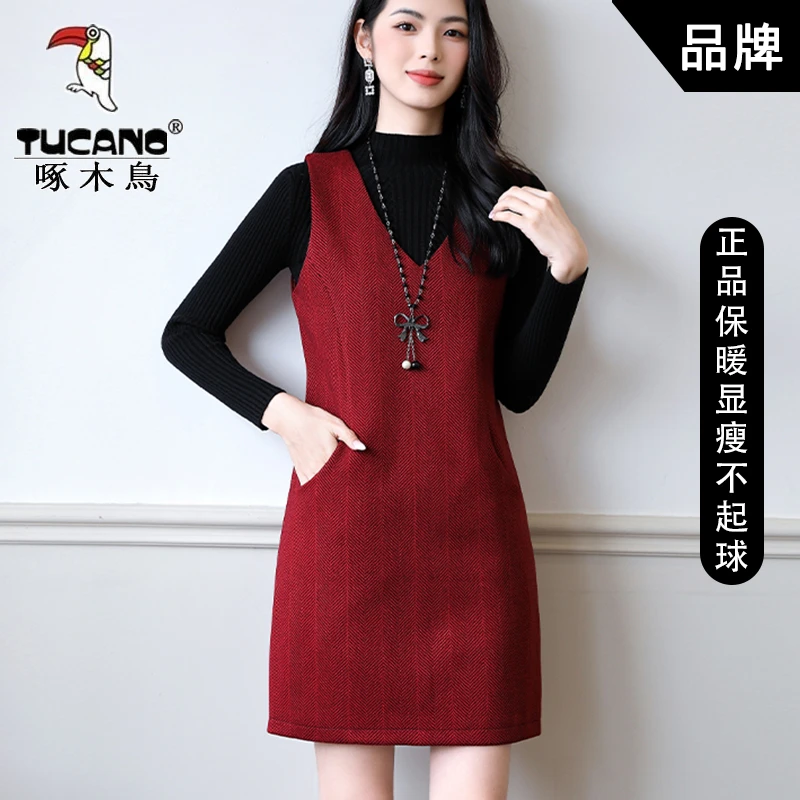 啄木鸟连衣裙秋季女装秋冬加厚中老年套头款显瘦保暖纯色背心裙