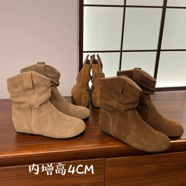 真皮牛皮内增高4CM！高级感小短靴女2025春秋单靴粗跟瘦瘦靴