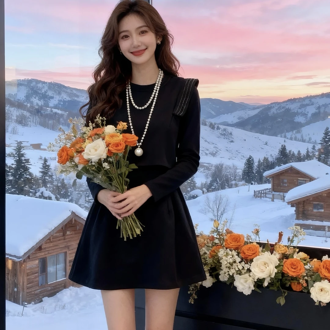 冬季新款大码女装时尚百搭设计感假两件飞边显瘦连衣裙