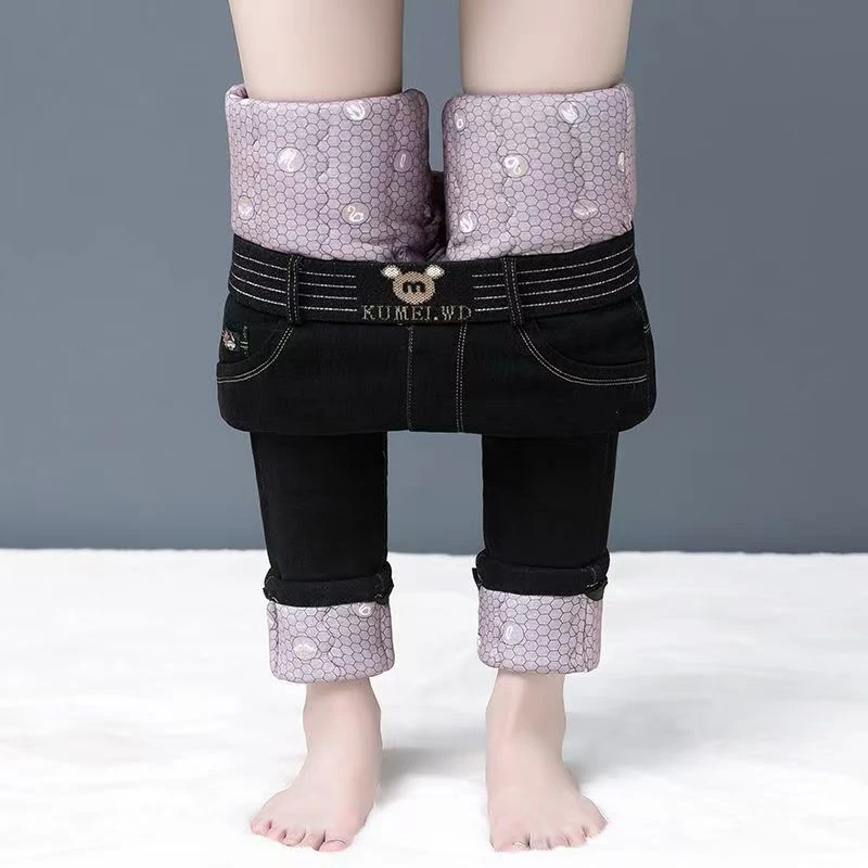 加长牛仔棉裤女2025外穿冬季加绒加厚新款裤子高腰弹力铅笔九分裤