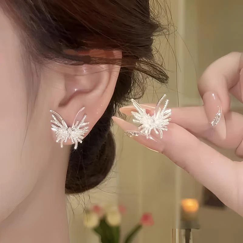 925银针烟花蝴蝶耳钉女轻奢高级感个性气质耳环2025新款爆款耳饰