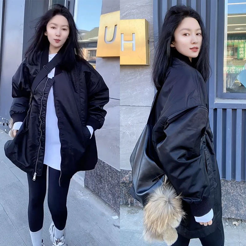 韩版百搭宽松中长款加棉棒球服欧洲站2024冬季新款时尚黑色外套潮