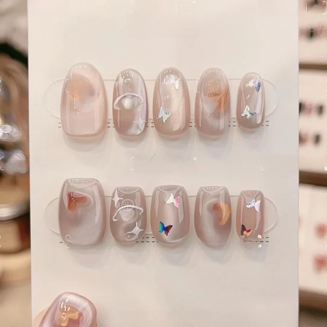 快乐星球穿戴甲纯手工短款椭圆甲片贴美甲清透猫眼裸色可爱显白甲