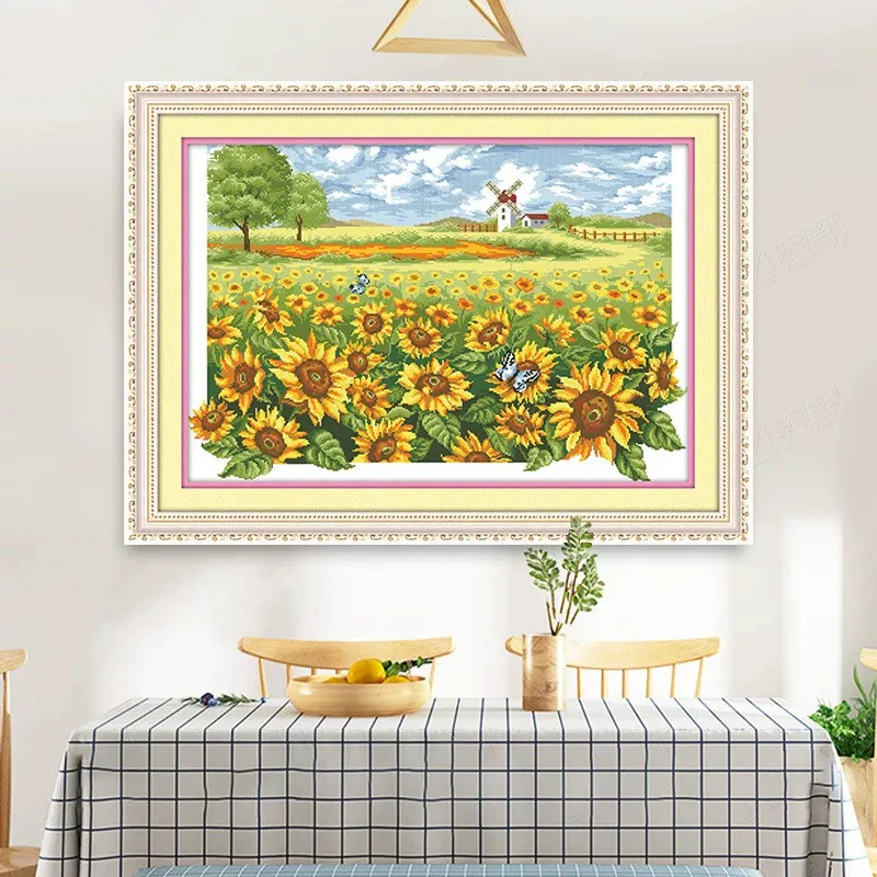 纯手工绣好十字绣成品中格向日葵花园客厅挂画