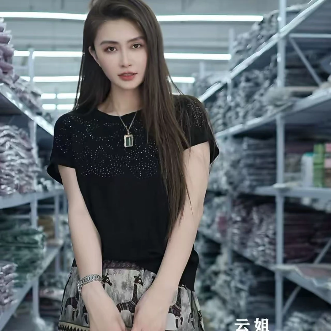 【晴晴精选】2025夏季时尚气质休闲圆领亮片时尚花朵针织衫A680#
