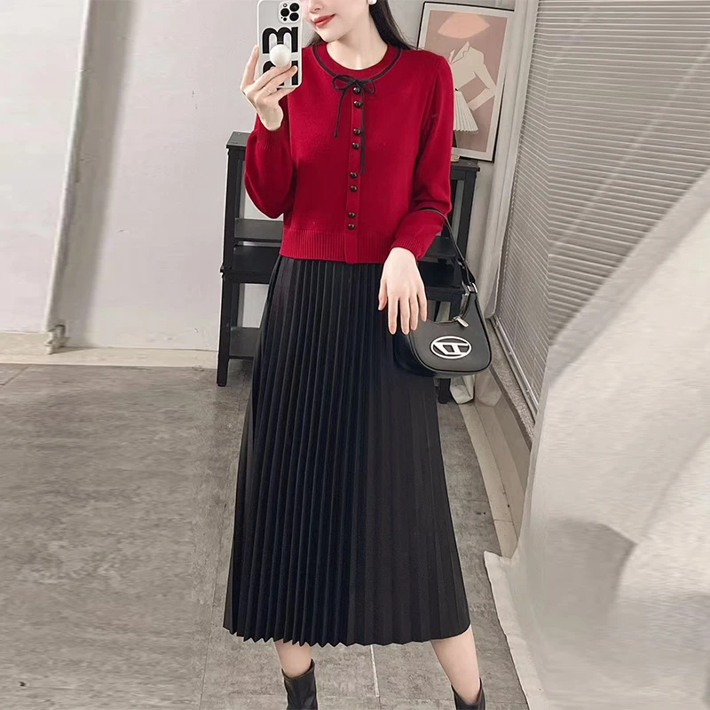 时尚气质针织拼接假两件连衣裙女春秋2025新款高级感小香风打底裙