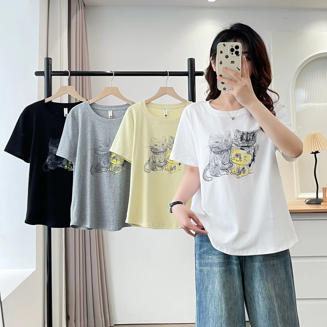 夏季大码女装胖MM猫咪卡通印花圆领时尚弹力短袖T恤女士减龄上衣