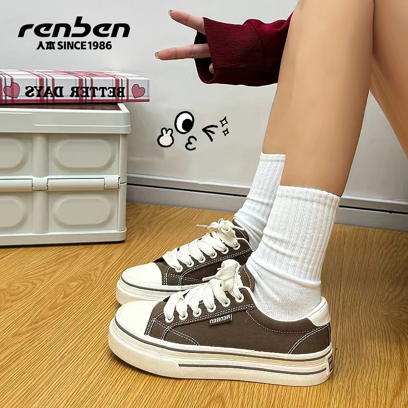 人本官方旗舰店2025春季新款休闲百搭女款厚底低帮帆布鞋爆款布鞋