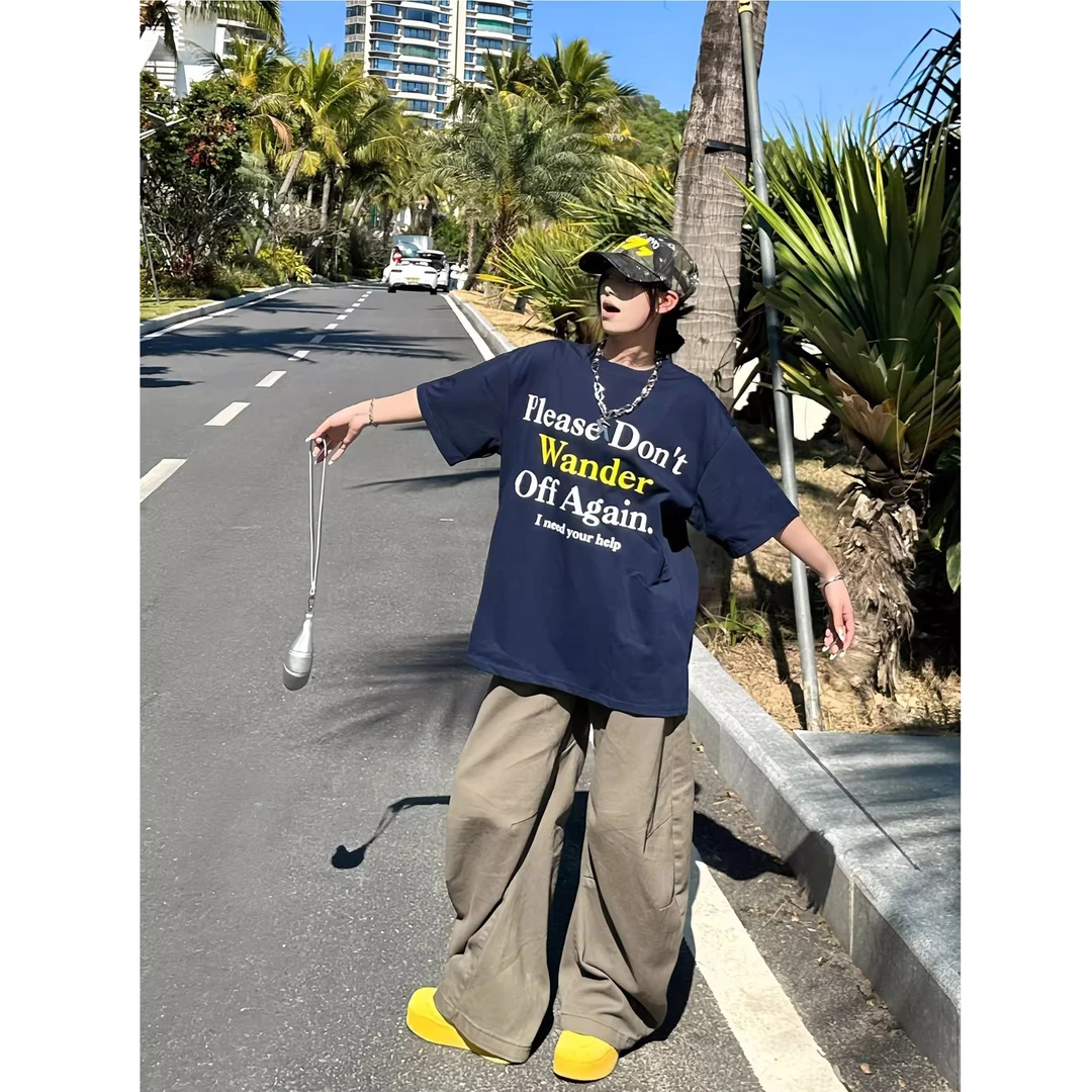 新款纯棉圆领字母印花短袖T恤宽松设计感韩版复古百搭高街上衣女