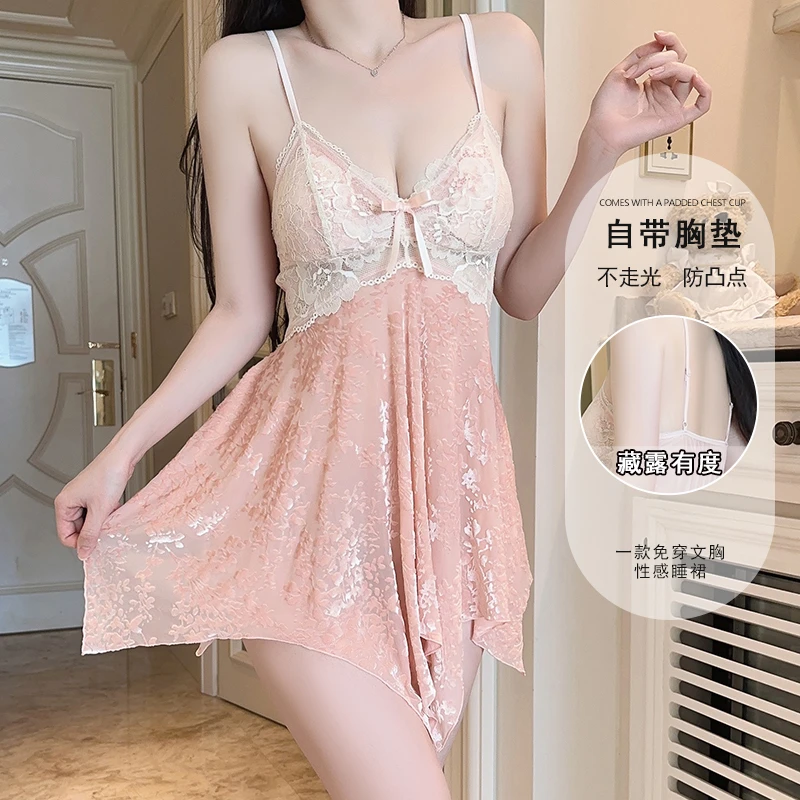 DW-【等春信】印花小胸美背性感蕾丝镂空宫廷夏天秋季睡衣睡裙女款