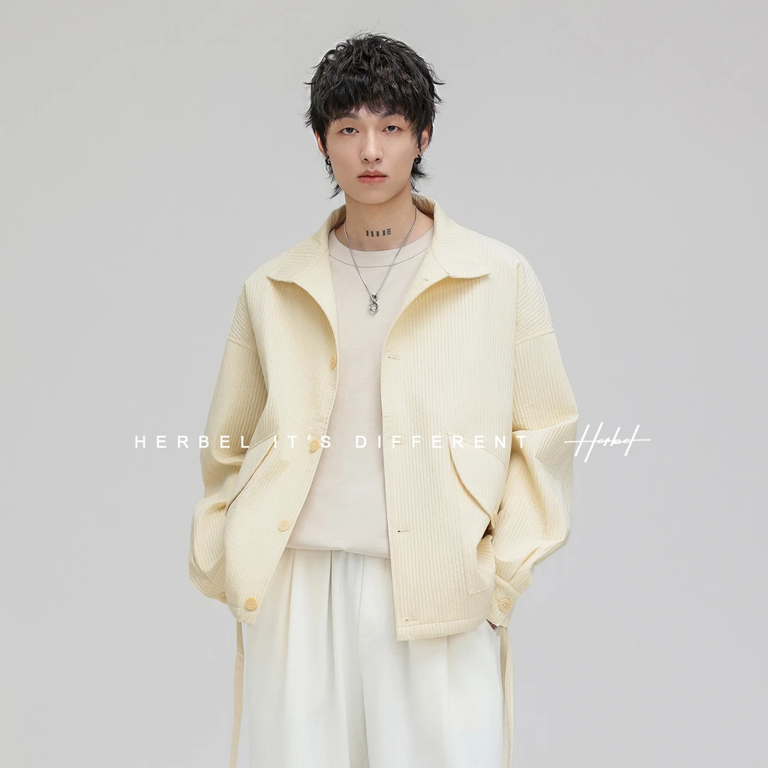 HERBEL/黑白2025春季新款夹克宽松抽绳工装外套休闲夹克男士长袖